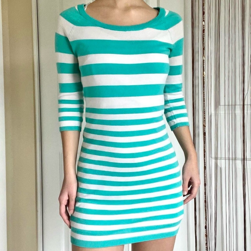striped blue sweater mini dress 3/4th sleece